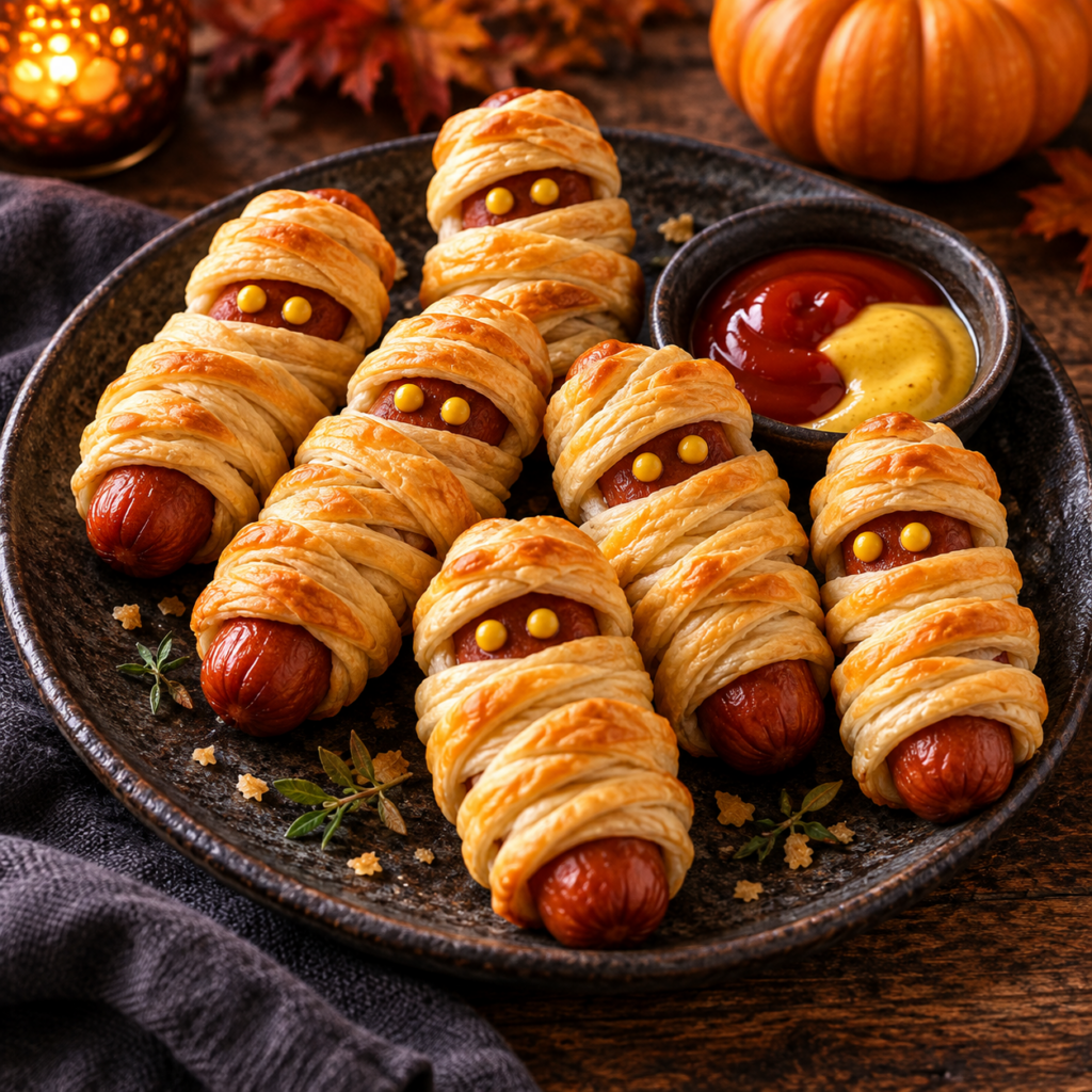 Würstchen-Mumien mit goldbraunem Blätterteig und Senfaugen auf einem dunklen Teller mit Ketchup und Senf. Halloween Snacks Airfryer
